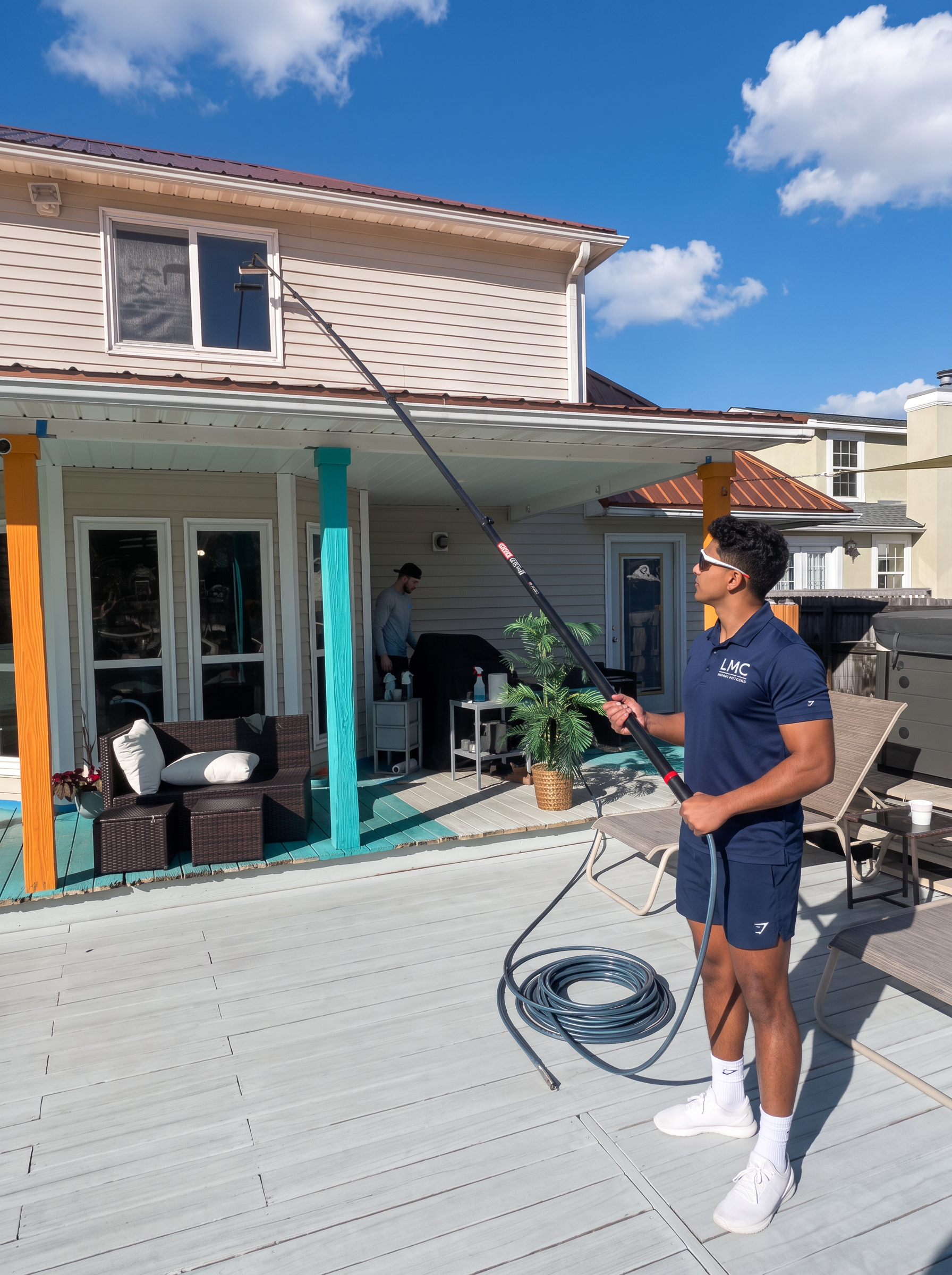 LMC crew water-fed pole window cleaning at a Gulf Coast beach house