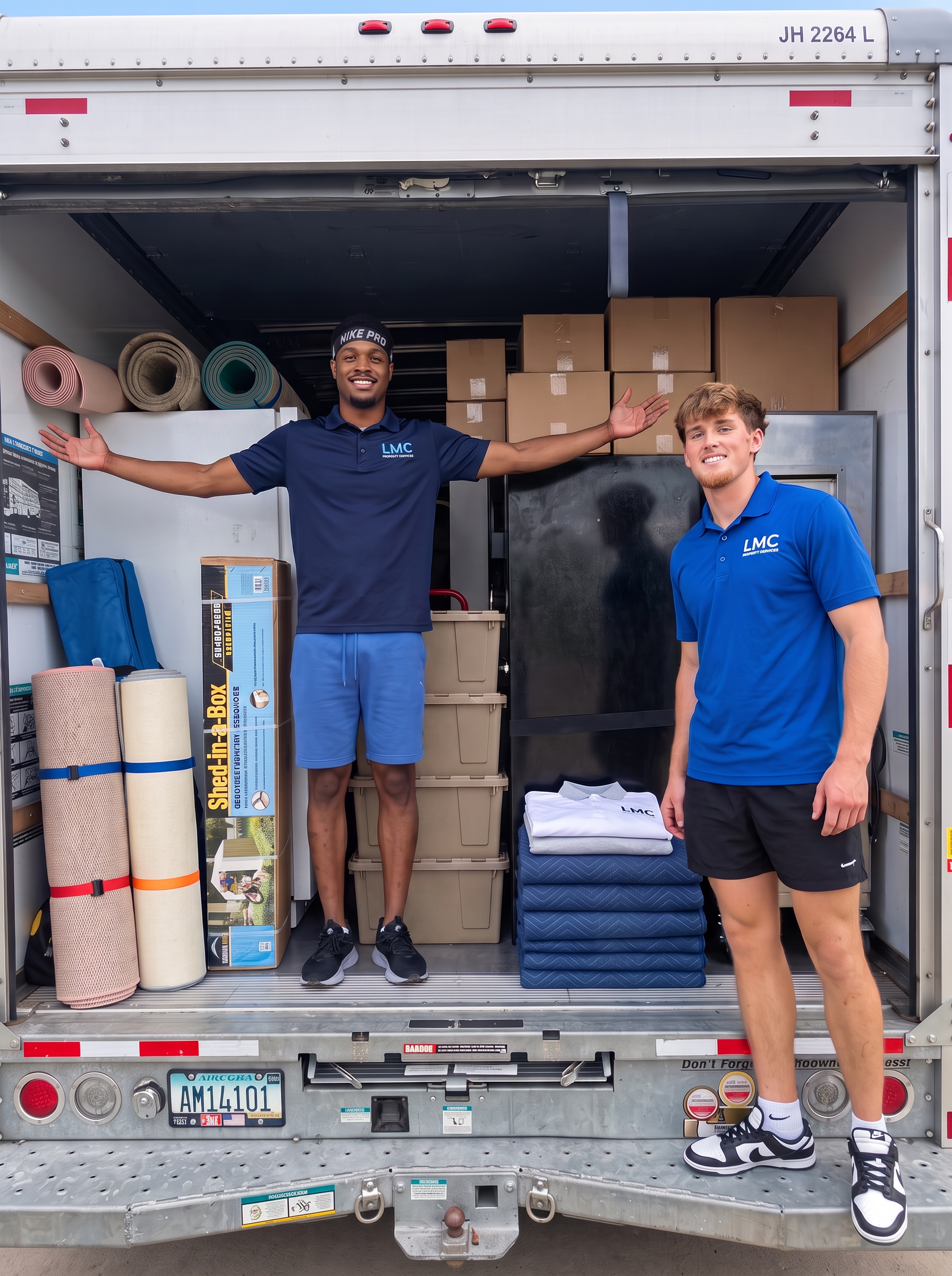 LMC moving crew members in the back of a loaded moving truck