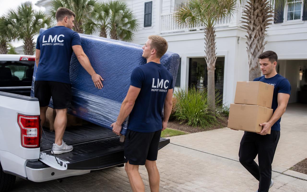 LMC moving crew loading a wrapped sofa into a white Ford F-150