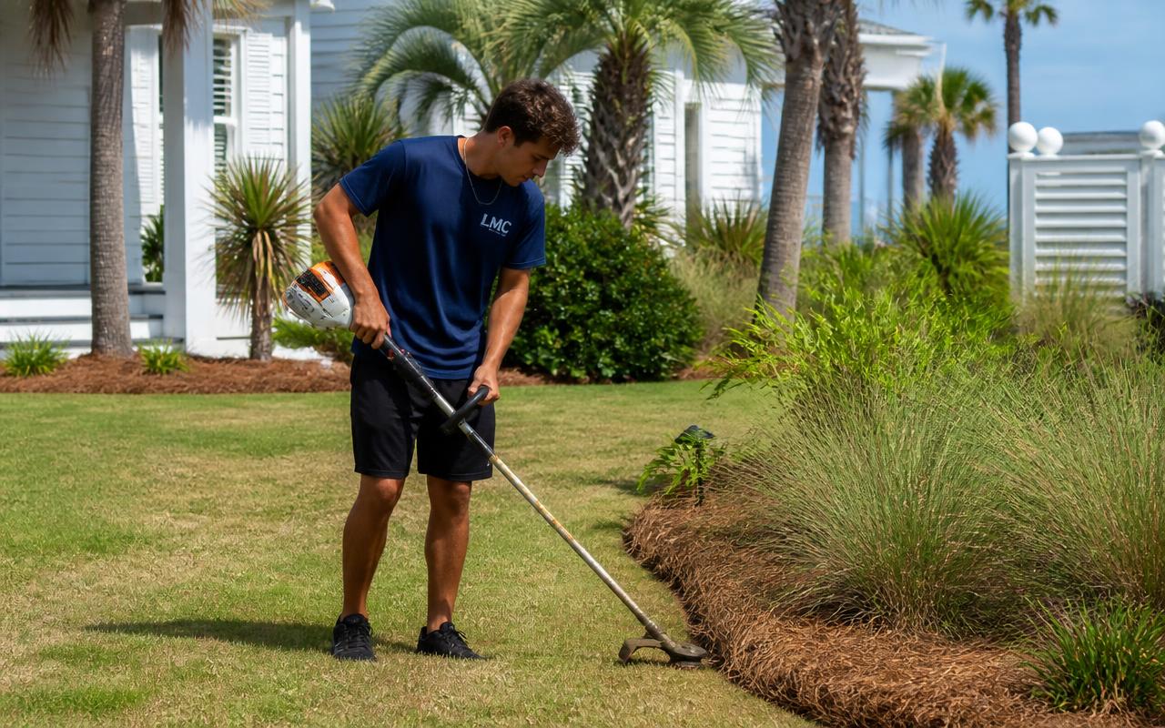LMC crew member mowing a lawn at a Gulf Coast property
