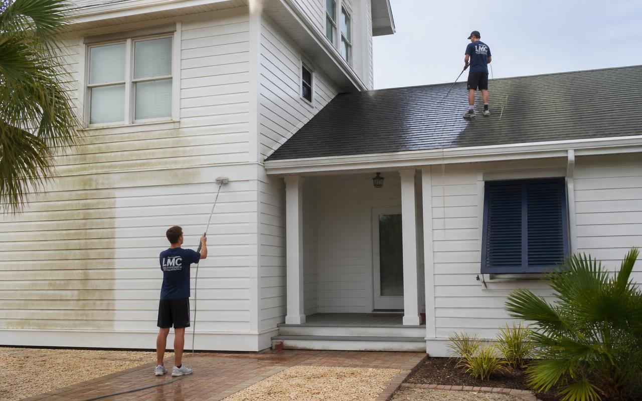 LMC crew soft washing siding and roof washing a Gulf Coast beach house