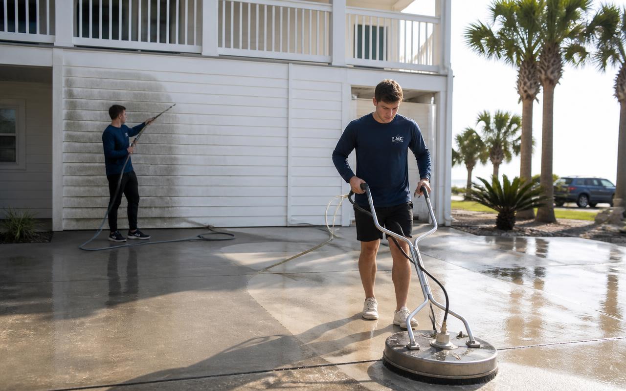 LMC crew pressure washing a driveway and soft washing siding on a Gulf Coast beach house